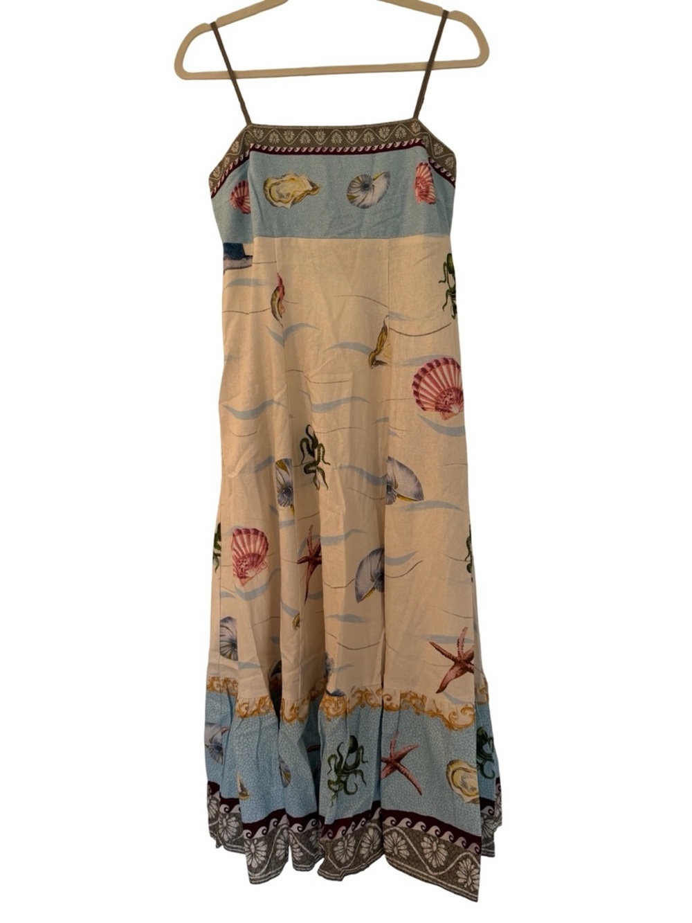 Caroline Constas Ocean Coastal Seashell Linen Maxi Dress Blue Cream NWT - Picture 4 of 11